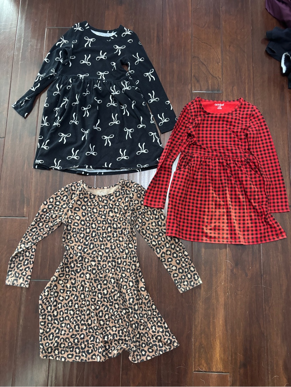 Girls' Black Bow Print Long-Sleeve Dress